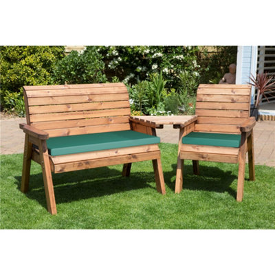 Wooden 3 Seat Angled Companion Set With 1 x Bench Cushion Green,1 x Chair Cushion Green & 1 x Fitted Cover