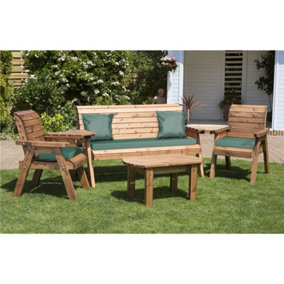 Wooden 5 Seater Table Set With 1 x Bench Cushion Green, 2 x Chair Cushion Green & 2 x Scatter Cushion Green