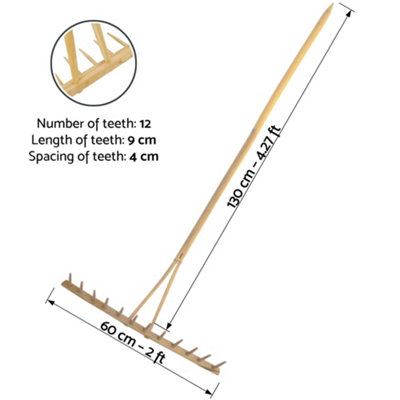 Wooden Agricultural Farming Garden Rake - 12 Teeth, 60 cm Wide, 130 cm ...