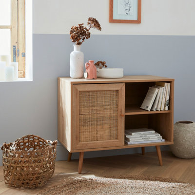 Wooden and cane rattan detail storage cabinet with 2 shelves 1 cupboard  Scandi-style legs 80x39x65.8cm - Boheme - Natural wood