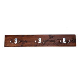 Wooden Antique Style Coat Rack Double Hook Aluminium - Colour Dark Oak - Hangers 5 Hooks 100 cm
