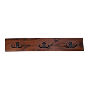 Wooden Antique Style Coat Rack Double Hook Black - Colour Dark Oak - Hangers 2 Hooks 40cm