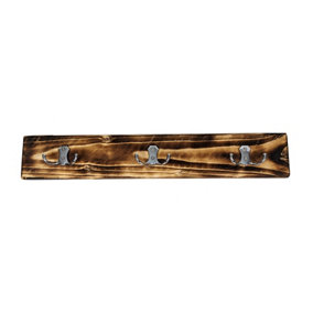 Wooden Antique Style Coat Rack Double Hook Chrome - Colour Burnt - Hangers 2 Hooks 40cm