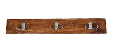 Wooden Antique Style Coat Rack Double Hook Chrome - Colour Medium Oak -  Hangers 4 Hooks 80 cm