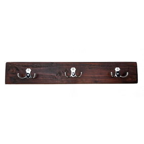 Wooden Antique Style Coat Rack Double Hook Chrome - Colour Walnut - Hangers 3 Hooks 50cm