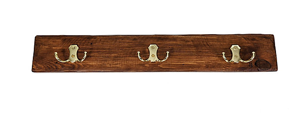 Wooden Antique Style Coat Rack Double Hook Gold - Colour Medium Oak -  Hangers 3 Hooks 60cm