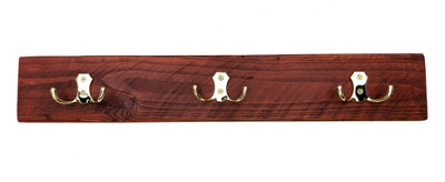 Wooden Antique Style Coat Rack Double Hook Gold - Colour Medium Oak -  Hangers 3 Hooks 60cm