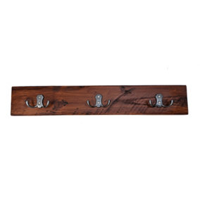Wooden Antique Style Coat Rack Double Hook Old Silver - Colour Dark Oak - Hangers 3 Hooks 50cm