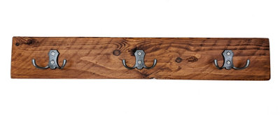 Wooden Antique Style Coat Rack Triple Hook Old Silver - Colour Medium Oak -  Hangers 3 Hooks 50cm