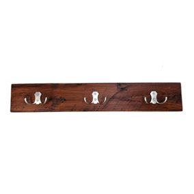 Wooden Antique Style Coat Rack Double Hook Satin - Colour Dark Oak - Hangers 3 Hooks 50cm