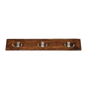 Wooden Antique Style Coat Rack Double Hook Satin - Colour Medium Oak - Hangers 2 Hooks 30cm