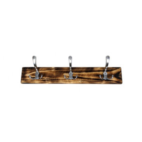 Wooden Antique Style Coat Rack Triple Hook Aluminium - Colour Burnt - Hangers 2 Hooks 30cm