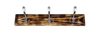 Wooden Antique Style Coat Rack Triple Hook Aluminium - Colour Burnt - Hangers 5 Hooks 90 cm
