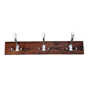 Wooden Antique Style Coat Rack Triple Hook Aluminium - Colour Dark Oak - Hangers 3 Hooks 50cm