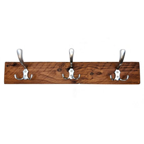 Wooden Antique Style Coat Rack Triple Hook Aluminium - Colour Light Oak - Hangers 4 Hooks 70cm