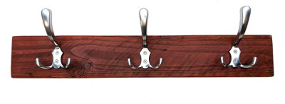 Wooden Antique Style Coat Rack Triple Hook Aluminium - Colour Teak -  Hangers 2 Hooks 40cm