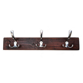 Wooden Antique Style Coat Rack Triple Hook Aluminium - Colour Walnut - Hangers 3 Hooks 50cm