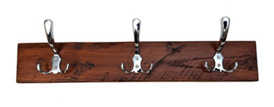 Wooden Antique Style Coat Rack Triple Hook Chrome - Colour Dark Oak -  Hangers 2 Hooks 30cm