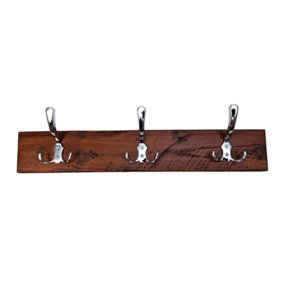 Wooden Antique Style Coat Rack Triple Hook Chrome - Colour Dark Oak - Hangers 4 Hooks 70cm