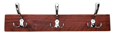 Wooden Antique Style Coat Rack Triple Hook Chrome - Colour Teak - Hangers 2 Hooks 40cm