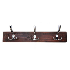 Wooden Antique Style Coat Rack Triple Hook Chrome - Colour Walnut - Hangers 4 Hooks 70cm
