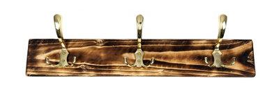 Wooden Antique Style Coat Rack Triple Hook Gold - Colour Burnt - Hangers 3  Hooks 50cm