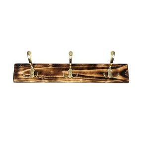 Wooden Antique Style Coat Rack Triple Hook Gold - Colour Burnt - Hangers 3 Hooks 50cm