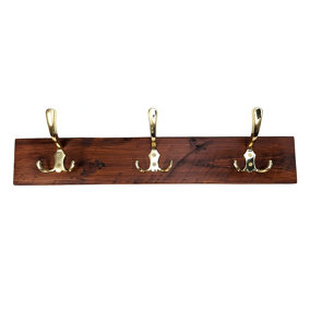 Wooden Antique Style Coat Rack Triple Hook Gold - Colour Dark Oak - Hangers 2 Hooks 30cm