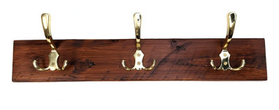 Wooden Antique Style Coat Rack Triple Hook Gold - Colour Dark Oak - Hangers 4 Hooks 70cm