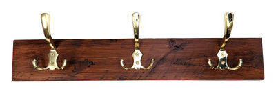 Wooden Antique Style Coat Rack Triple Hook Gold - Colour Dark Oak - Hangers 7 Hooks 130 cm