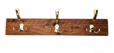 Wooden Antique Style Coat Rack Triple Hook Gold - Colour Light Oak - Hangers 4 Hooks 70cm