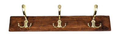 Wooden Antique Style Coat Rack Triple Hook Gold - Colour Medium Oak - Hangers 4 Hooks 80 cm