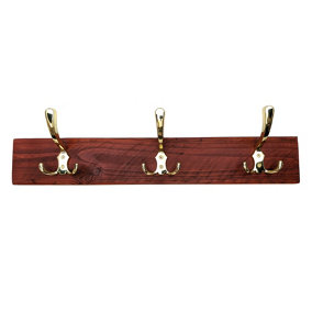 Wooden Antique Style Coat Rack Triple Hook Gold - Colour Teak - Hangers 2 Hooks 30cm