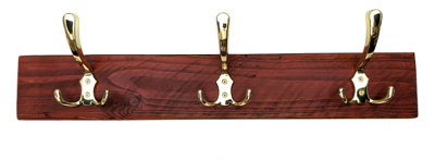 Wooden Antique Style Coat Rack Triple Hook Gold - Colour Teak - Hangers 3 Hooks 60cm