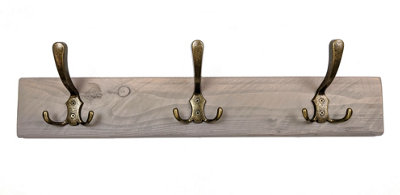 Wooden Antique Style Coat Rack Triple Hook Old Gold - Colour Antique Grey - Hangers 3 Hooks 60cm