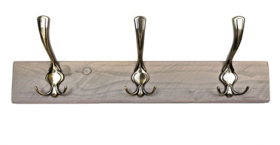 Wooden Antique Style Coat Rack Triple Hook Old Gold - Colour Antique Grey -  Hangers 6 Hooks 110 cm