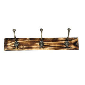 Wooden Antique Style Coat Rack Triple Hook Old Gold - Colour Burnt - Hangers 2 Hooks 30cm