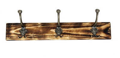 Wooden Antique Style Coat Rack Triple Hook Old Gold - Colour Burnt - Hangers 2 Hooks 40cm
