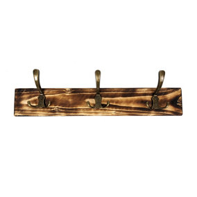 Wooden Antique Style Coat Rack Triple Hook Old Gold - Colour Burnt - Hangers 3 Hooks 50cm