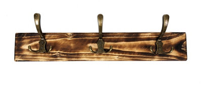 Wooden Antique Style Coat Rack Triple Hook Old Gold - Colour Burnt - Hangers 5 Hooks 100 cm
