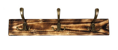 Wooden Antique Style Coat Rack Triple Hook Old Gold - Colour Burnt - Hangers 7 Hooks 130 cm