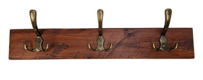 Wooden Antique Style Coat Rack Triple Hook Old Gold - Colour Dark Oak - Hangers 4 Hooks 80 cm