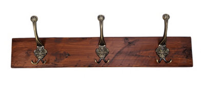 Wooden Antique Style Coat Rack Triple Hook Old Gold - Colour Dark Oak - Hangers 5 Hooks 90 cm