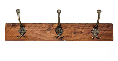 Wooden Antique Style Coat Rack Triple Hook Old Silver - Colour Medium Oak -  Hangers 3 Hooks 50cm