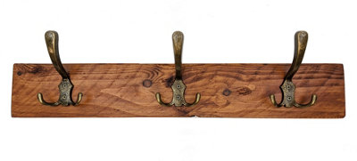 Wooden Antique Style Coat Rack Triple Hook Old Gold - Colour Light Oak - Hangers 7 Hooks 130 cm