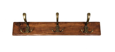 Wooden Antique Style Coat Rack Triple Hook Old Gold - Colour Medium Oak - Hangers 4 Hooks 70cm