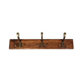 Wooden Antique Style Coat Rack Triple Hook Old Gold - Colour Medium Oak - Hangers 4 Hooks 80 cm
