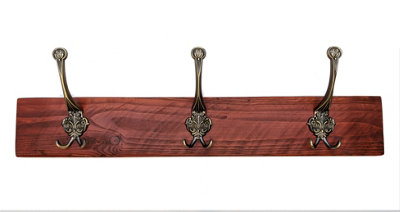 Wooden Antique Style Coat Rack Triple Hook Old Gold - Colour Teak - Hangers 5 Hooks 100 cm