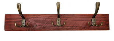 Wooden Antique Style Coat Rack Triple Hook Old Gold - Colour Teak - Hangers  6 Hooks 110 cm