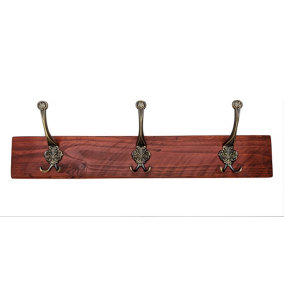 Wooden Antique Style Coat Rack Triple Hook Old Gold - Colour Teak - Hangers 7 Hooks 140 cm